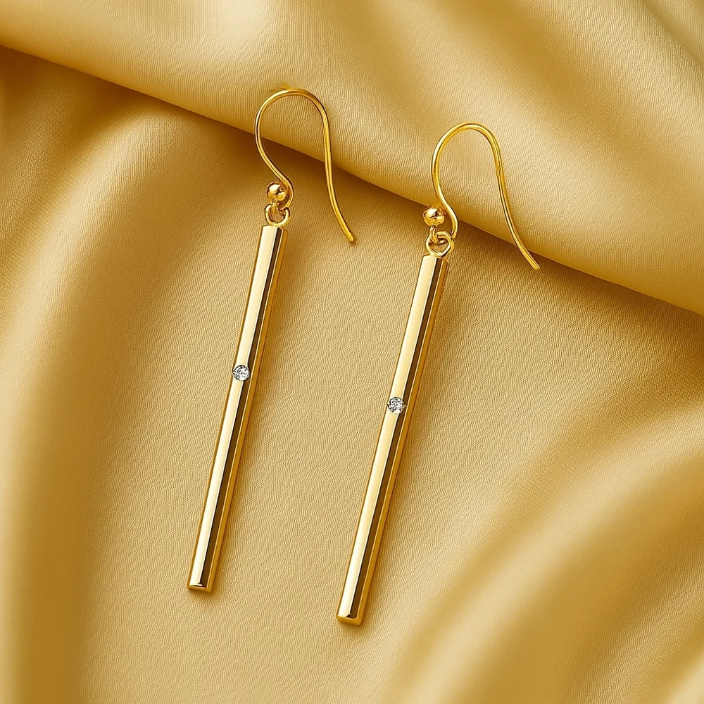 Gold Bar Crystal Drop Earrings – Sleek Vertical Dangles - Women Fashion Jewelry